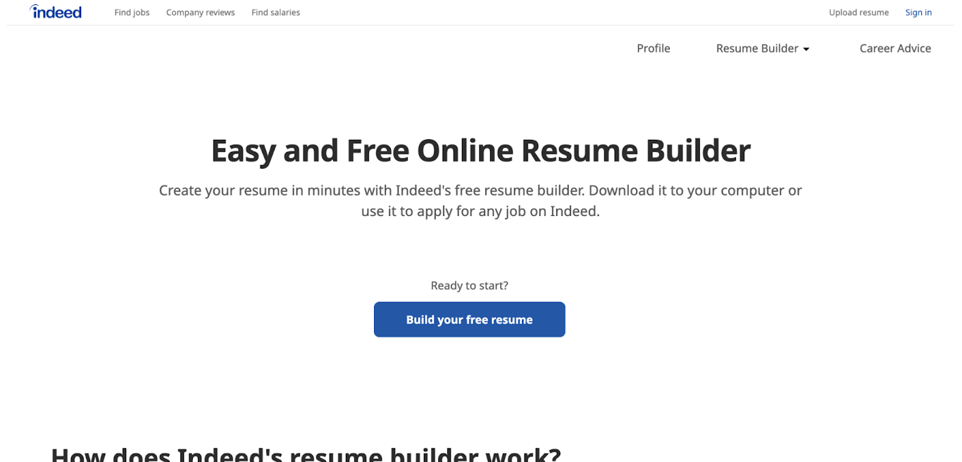 Indeed Online Resume Builder webpage