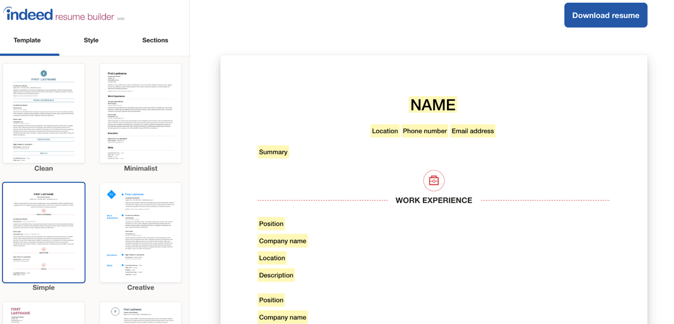 Upload resume file or choose from an Indeed resume template to get started with the Indeed Resume Builder
