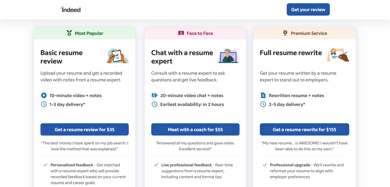 Indeed resume review pricing