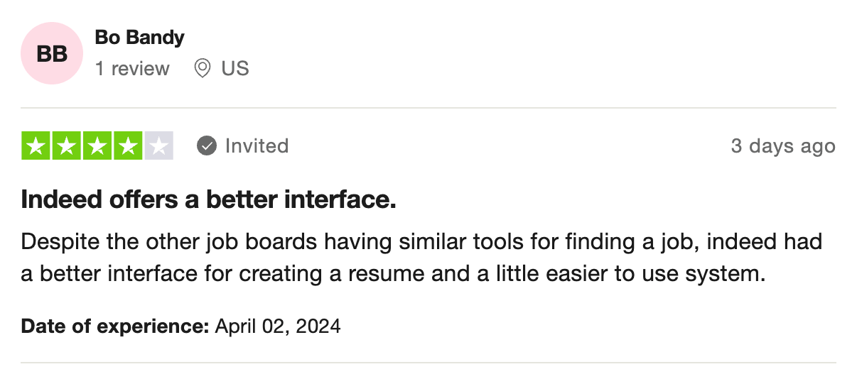 4-star Indeed resume builder review on TrustPilot