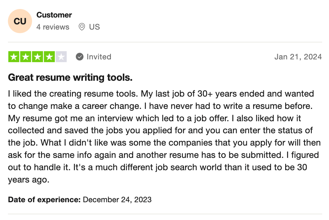 Resume builder review on TrustPilot