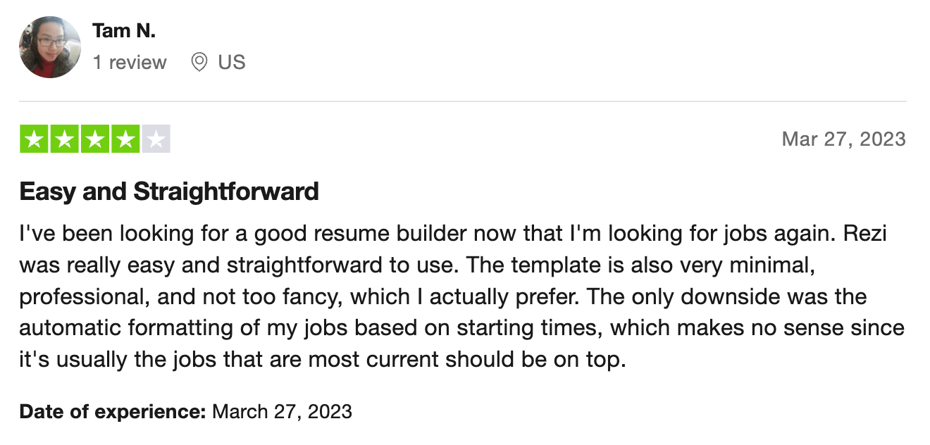 4-star Rezi review on TrustPilot