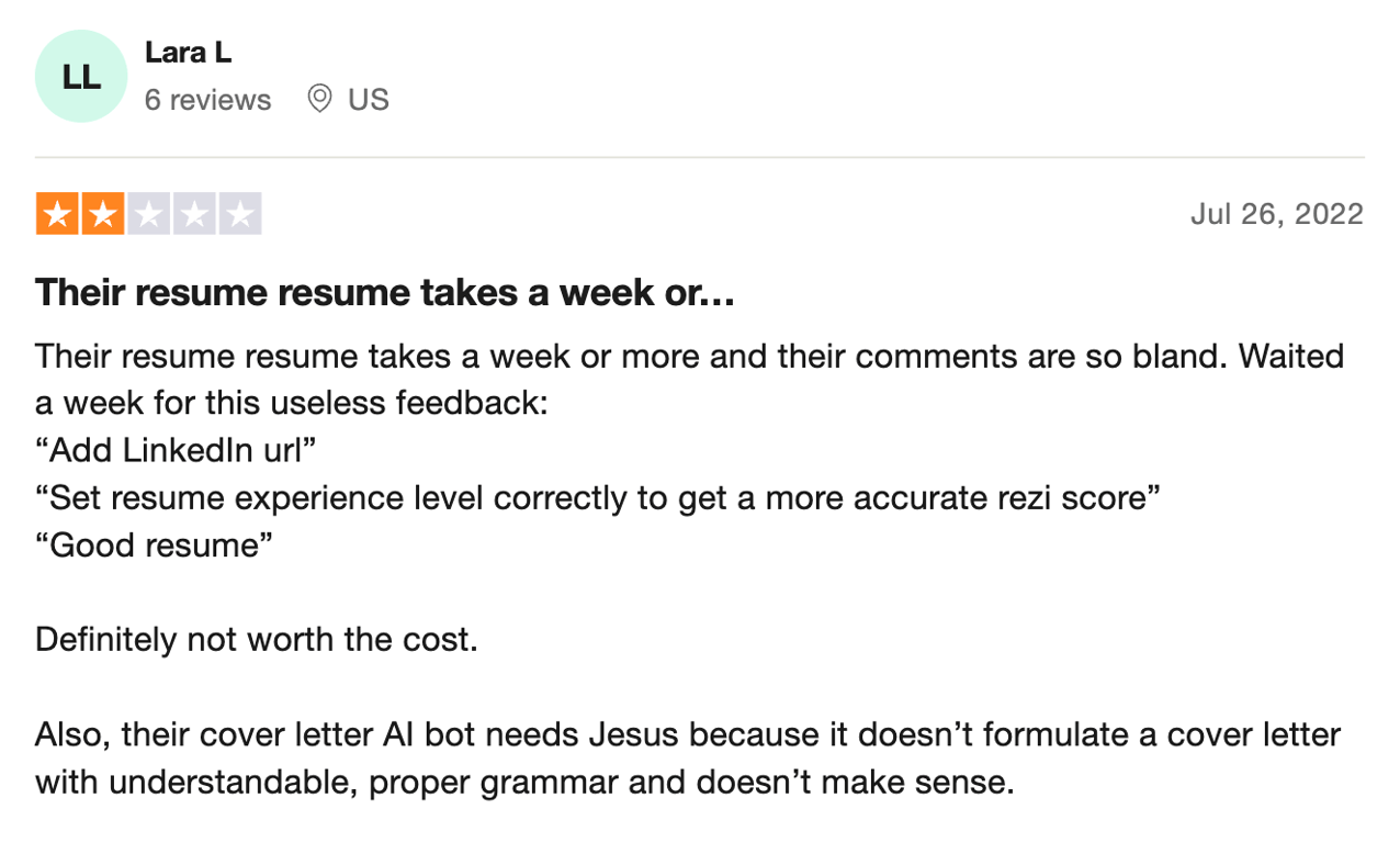 2-star Rezi review on TrustPilot