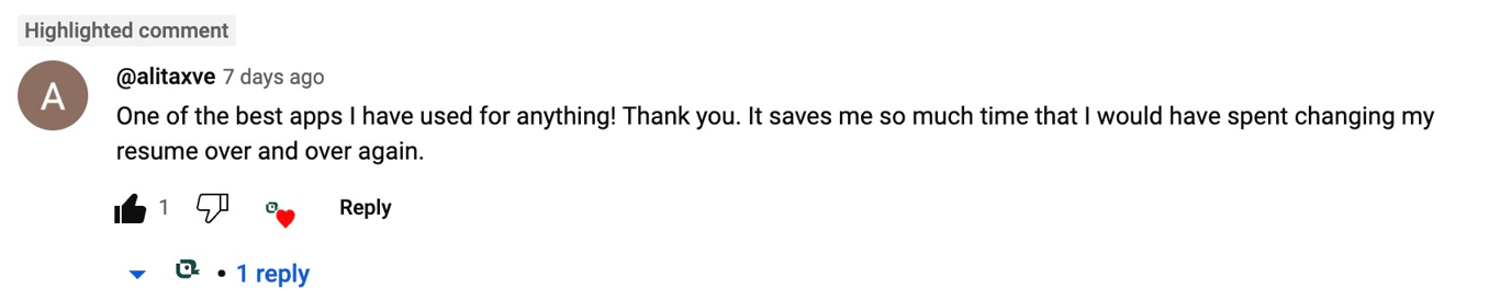 YouTube viewer and Teal user praises the resume builder