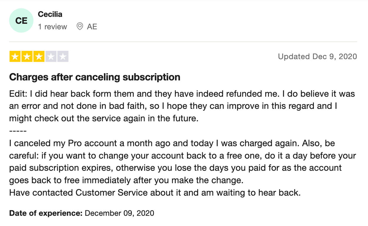 3-star Rezi review on TrustPilot regarding pricing