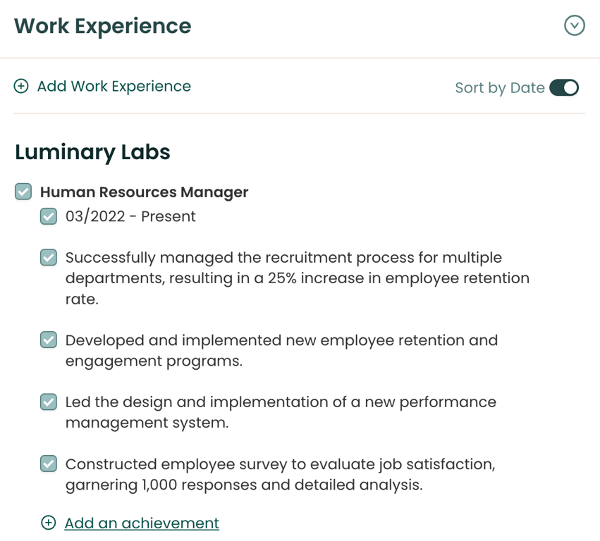 View of how to list work experience in the Teal AI Resume Builder using check boxes
