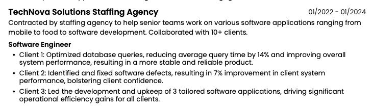Example of how to list staffing agency and contract work on resume