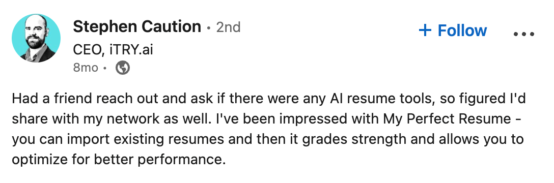 My Perfect resume review on LinkedIn