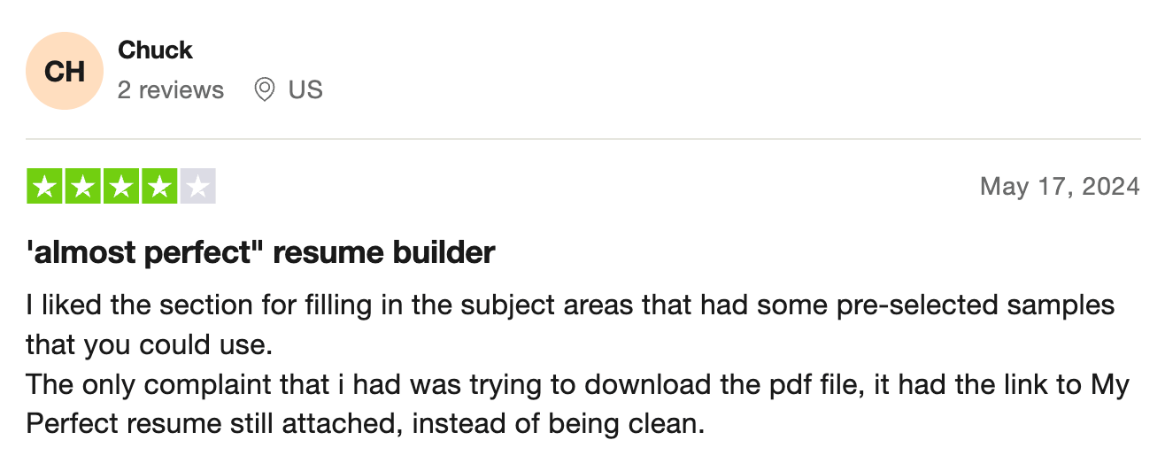 My Perfect Resume builder review on Trustpilot