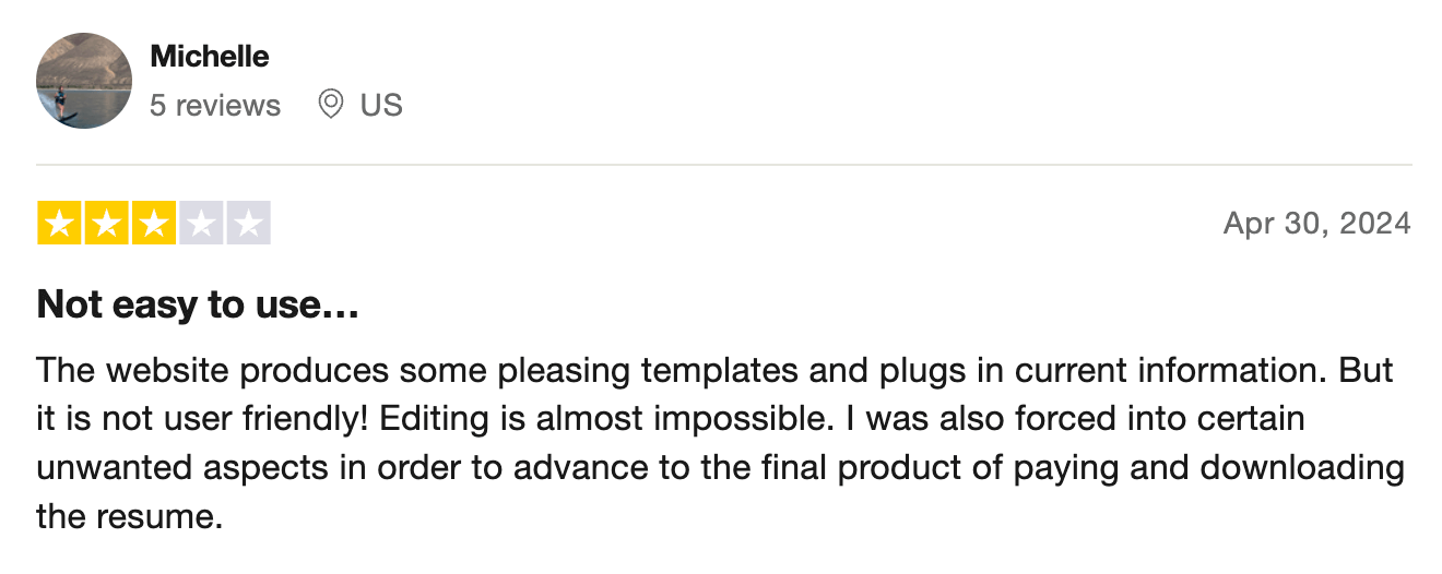 3-star My Perfect Resume review on Trustpilot
