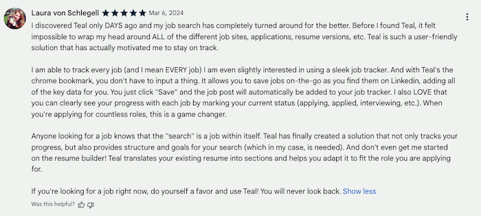 Teal review on the Google Web Store