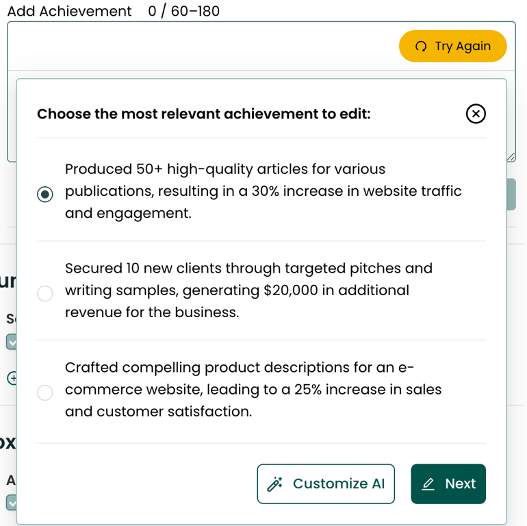 Teal's AI Achievement feature in its AI Resume Builder