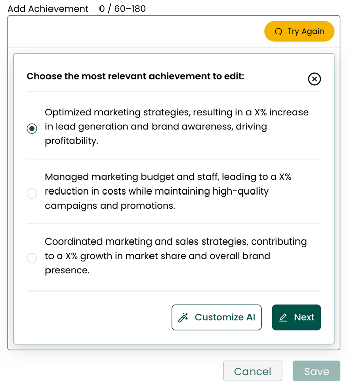 Teal generates resume bullet point options using AI