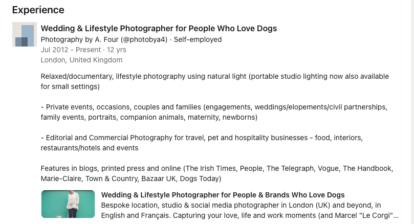LinkedIn work experience bullet point example