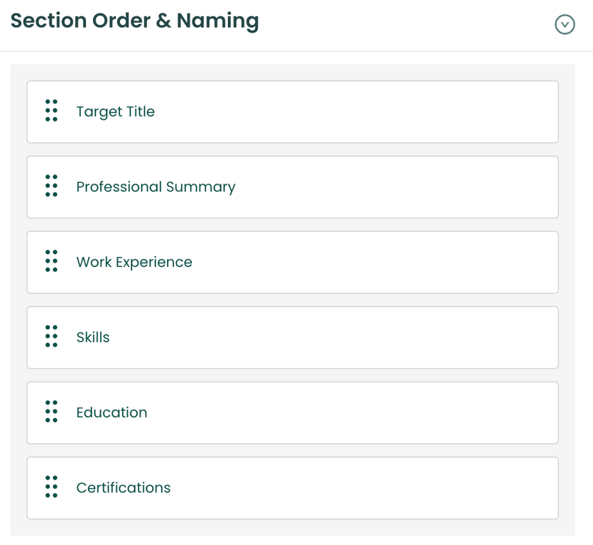 Rename and reorder resume sections using Teal's drag and drop formatting tool
