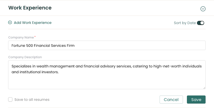 How to include descriptions of companies in a confidential resume using Teal