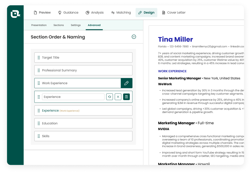 Teal Resume Builder section reordering and renaming feature
