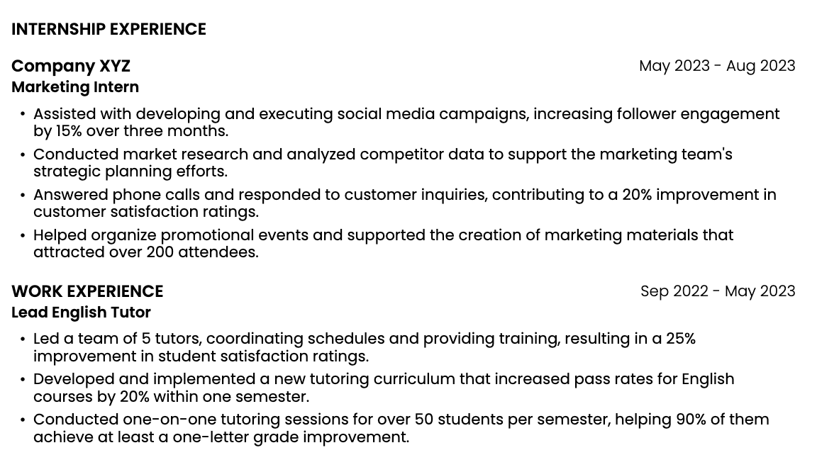 Example of how to add a dedicated section for internship experience on a resume