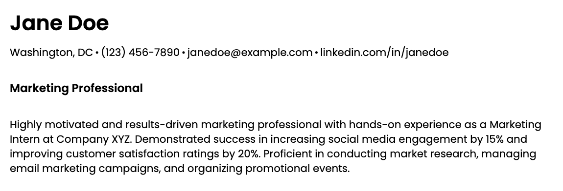 Example of how to mention internship experience in the professional summary portion of a resume