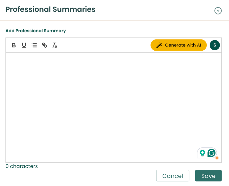 Teal's Resume Builder offers the ability to write professional summaries for a resume with AI