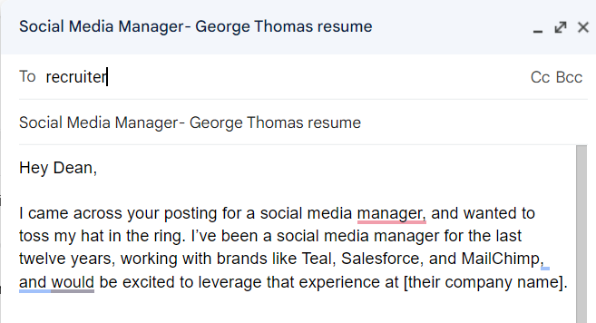 Sample email to send resume to recruiter with intro