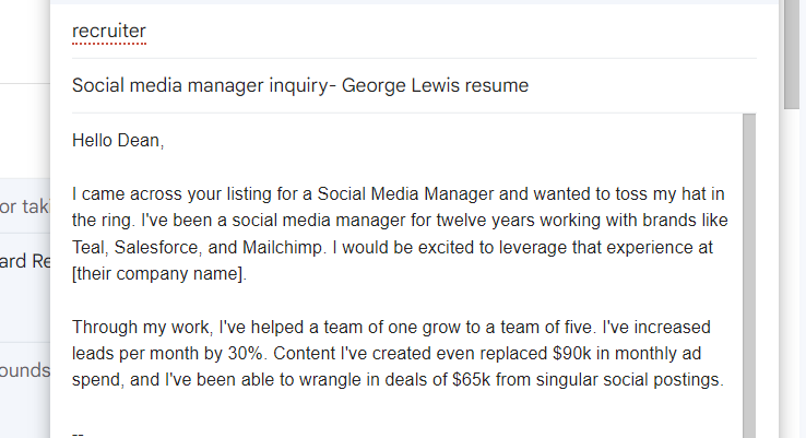 sample email to send to a recruiter or hiring manager
