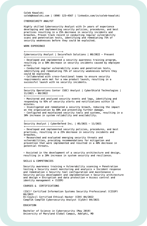 A plain text resume example