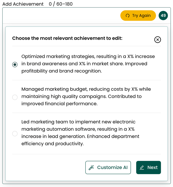 Teal's AI Achievement Generator suggests multiple versions of resume achievements to choose from.