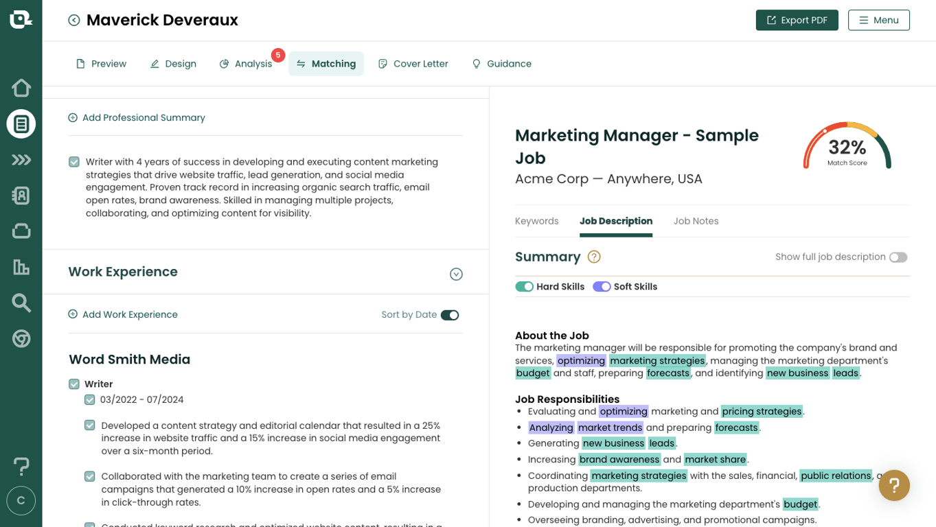 Teal Matching Mode finds relevant keywords in the job description