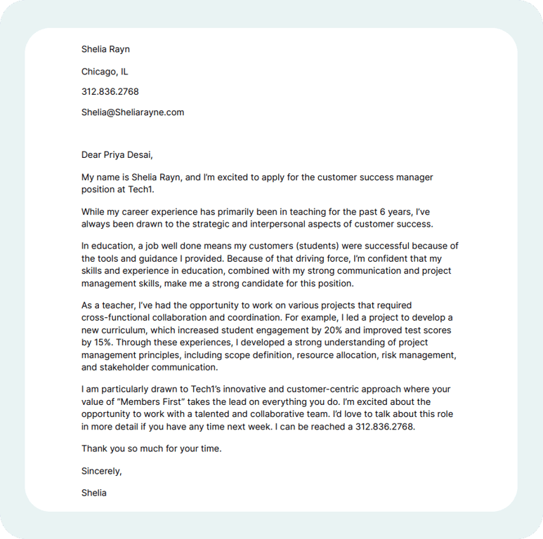 Sample cover letter for career change with no experience