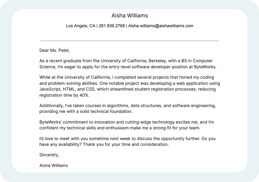 Cover letter example with no experience