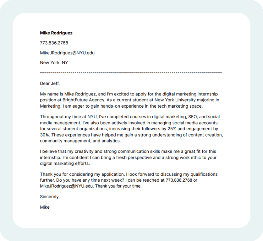 Sample cover letter for intership with no experience