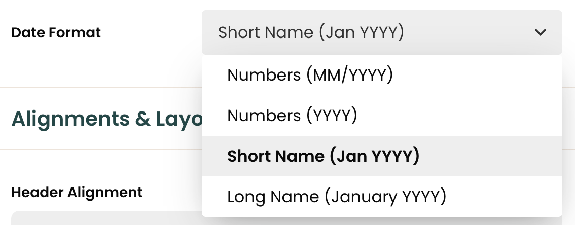 The Teal Resume Builder offers multiple date formatting options