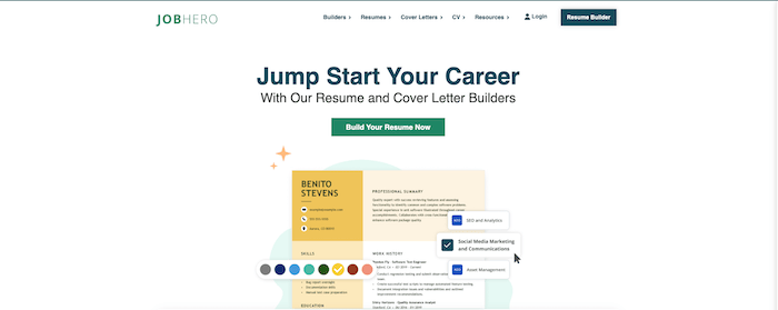 A screenshot of Jobscan alternative JobHero's homepage