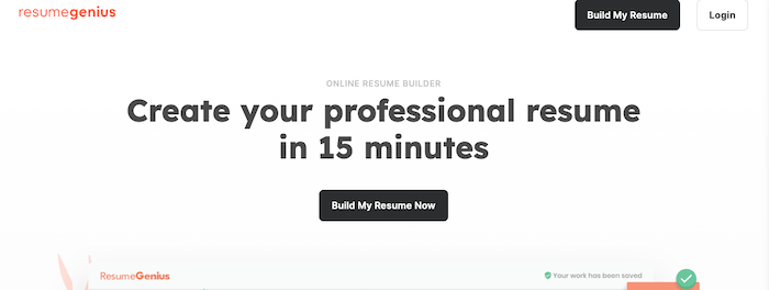 A screenshot of the Resume Genius homepage