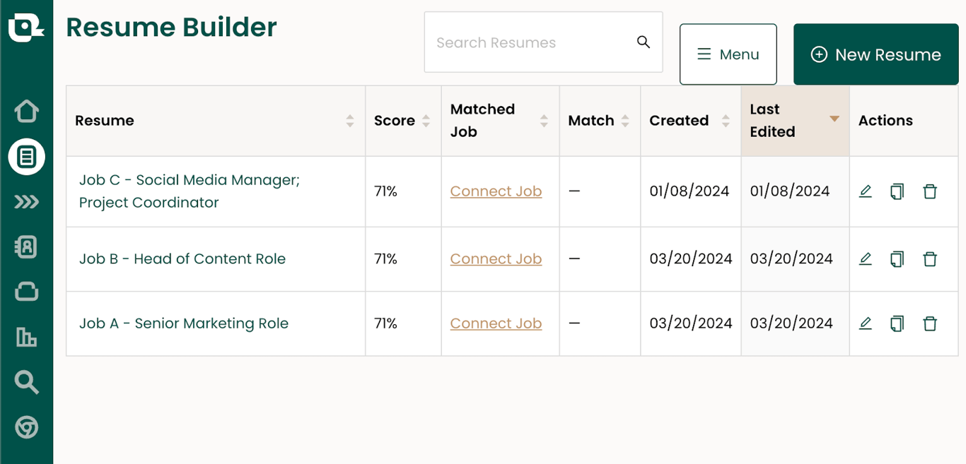 save multiple versions of your resume in Teal