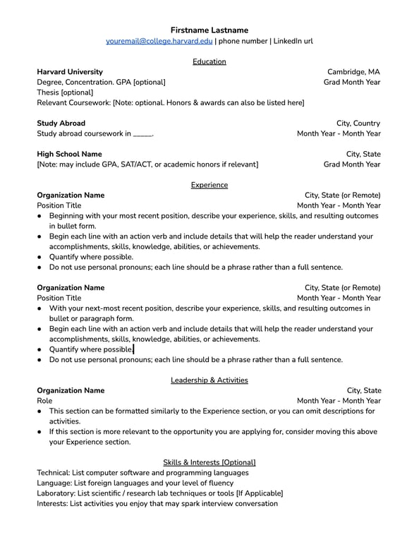 Harvard University resume template