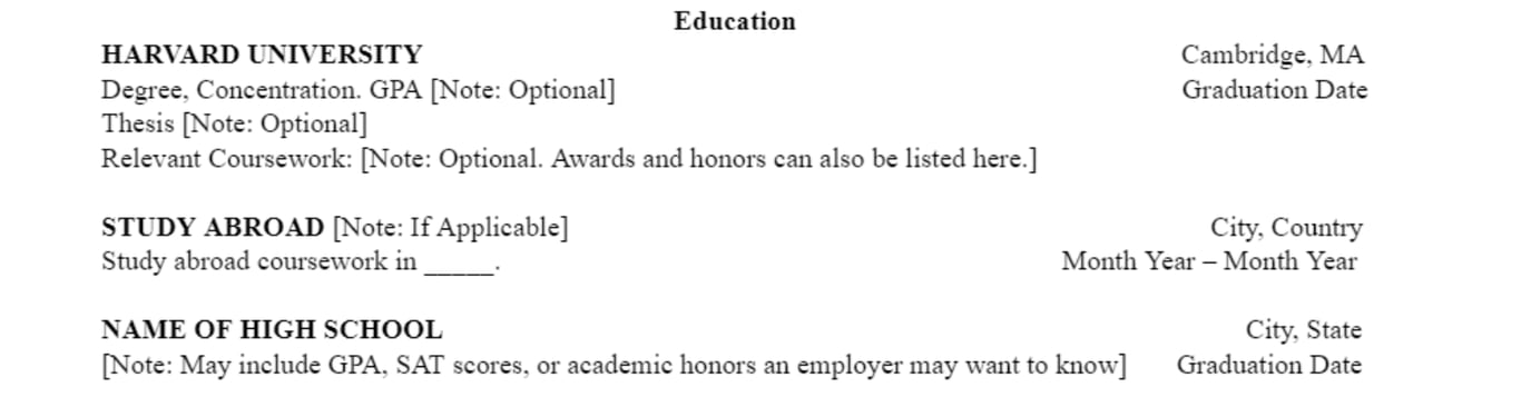 Education section of the Harvard-style resume