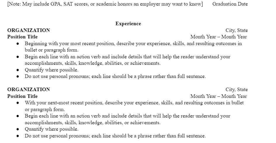 Experience section on a resume
