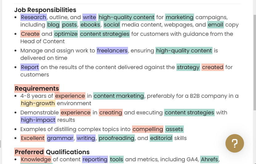 Teal's keyword matching feature finds keywords in job descriptions