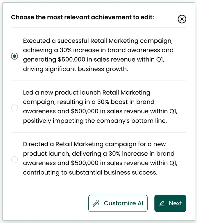 Teal's custom achievements on a resume