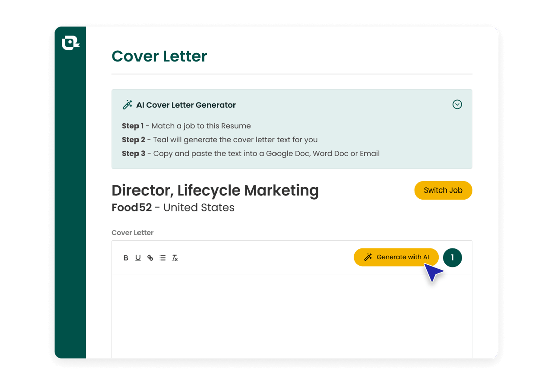 Teal's cover letter generator