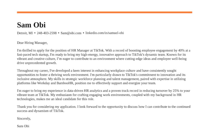 Sample of a short cover letter