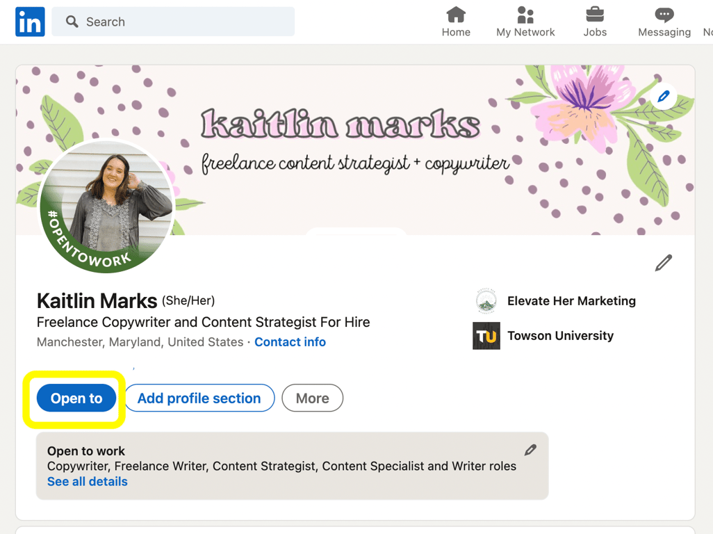 LinkedIn OpenToWork profile screenshot