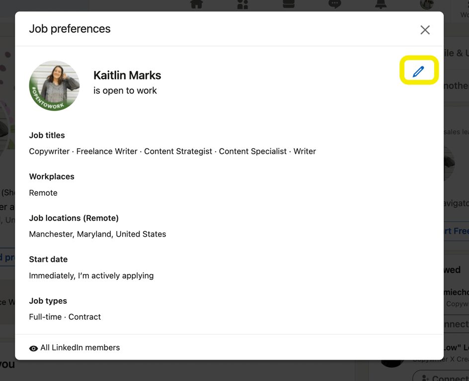 LinkedIn OpenToWork preferences