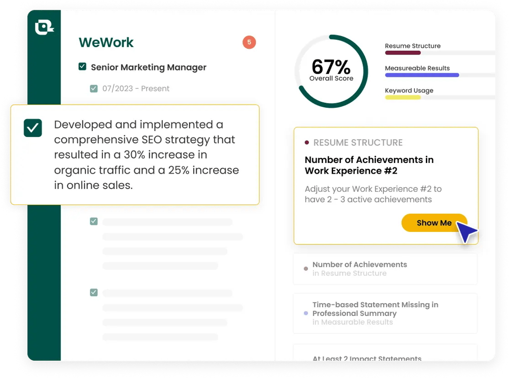 Teal's analysis score grades resumes by best practices