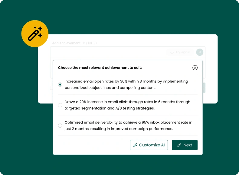 Teal's AI Achievement feature in the AI Resume Builder tool generates bullet points for a resume