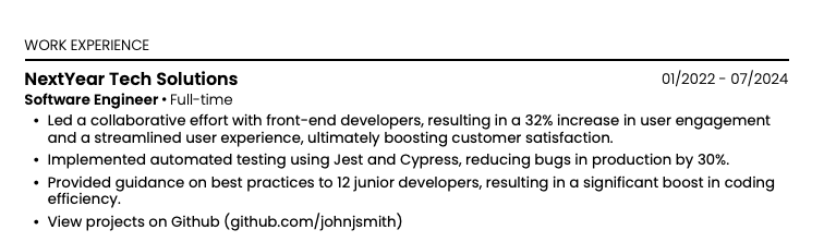 Example of including GitHub profile url in the Work Experience section of a resume