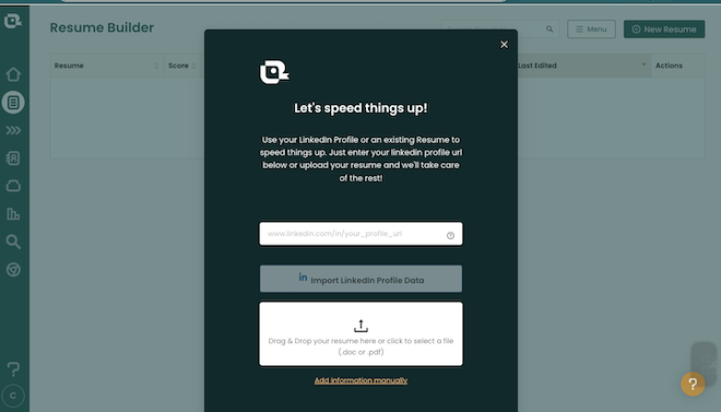 Teal's free Resume Builder offers options to upload an existing resume or LinkedIn profile