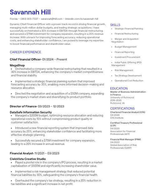 Chief Financial Officer (CFO) resume sample